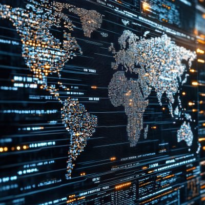 Digital world map with glowing data points and connections, showcasing global information flow